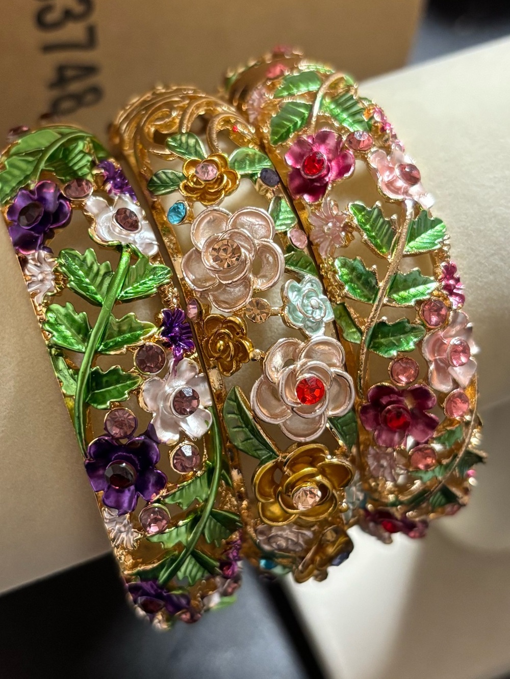 New Three Purple Pink Gold Floral Enamel Bangle Bracelet -